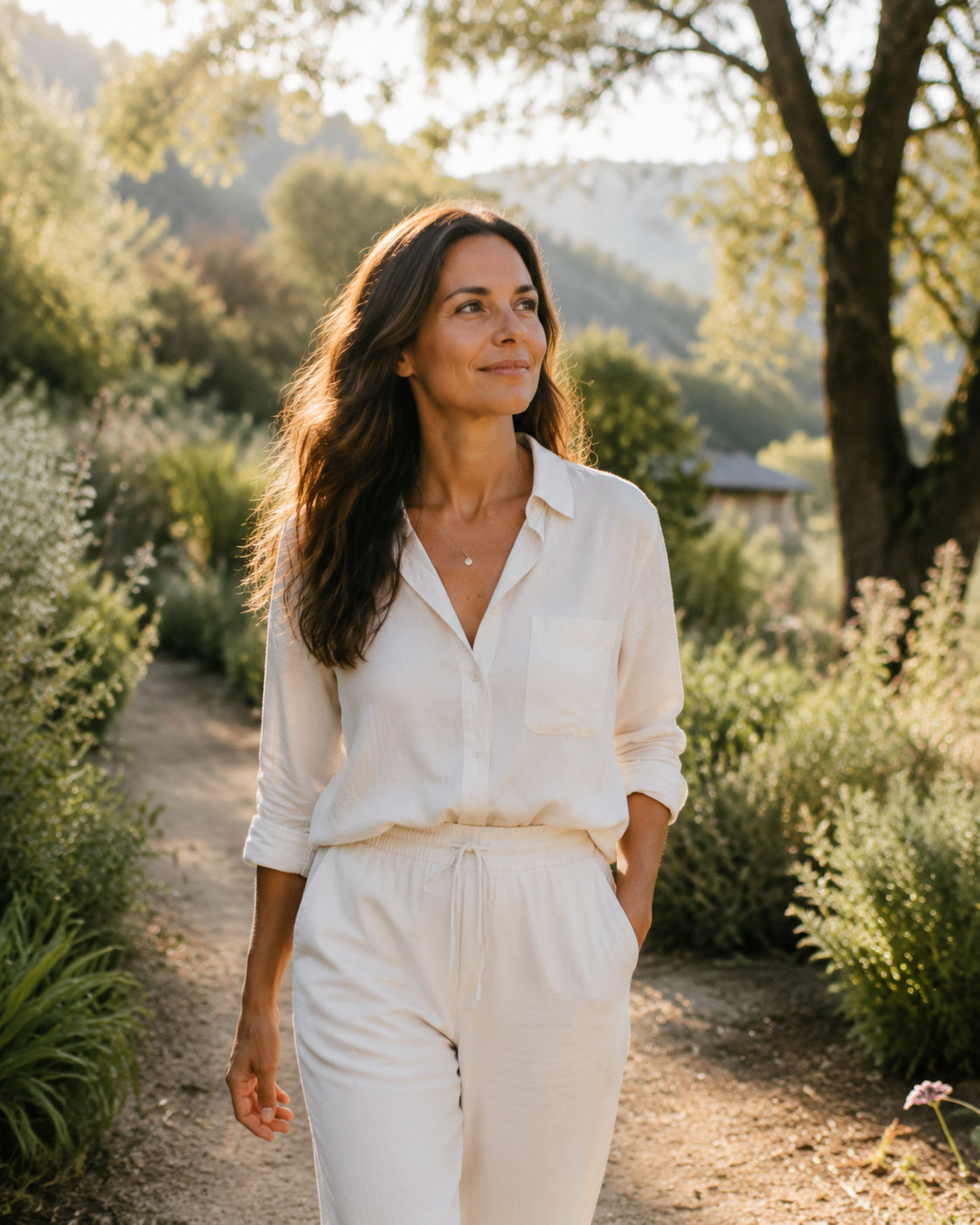 A woman walking peacefully through a natural landscape in soft golden sunlight, wearing elegant neutral clothing with a relaxed confident expression, representing a grounded feminine wellness lifestyle.