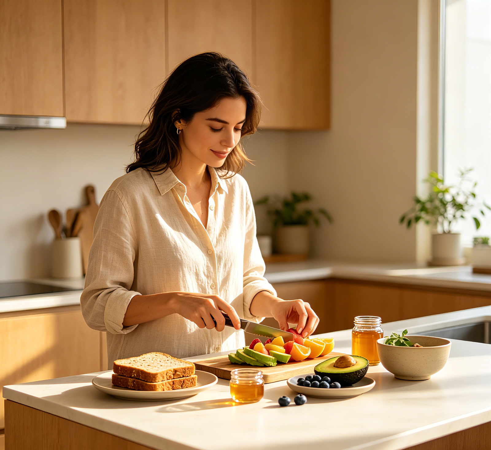 Woman preparing healthy breakfast in bright cozy kitchen, warm sunlight, wellness lifestyle photography.