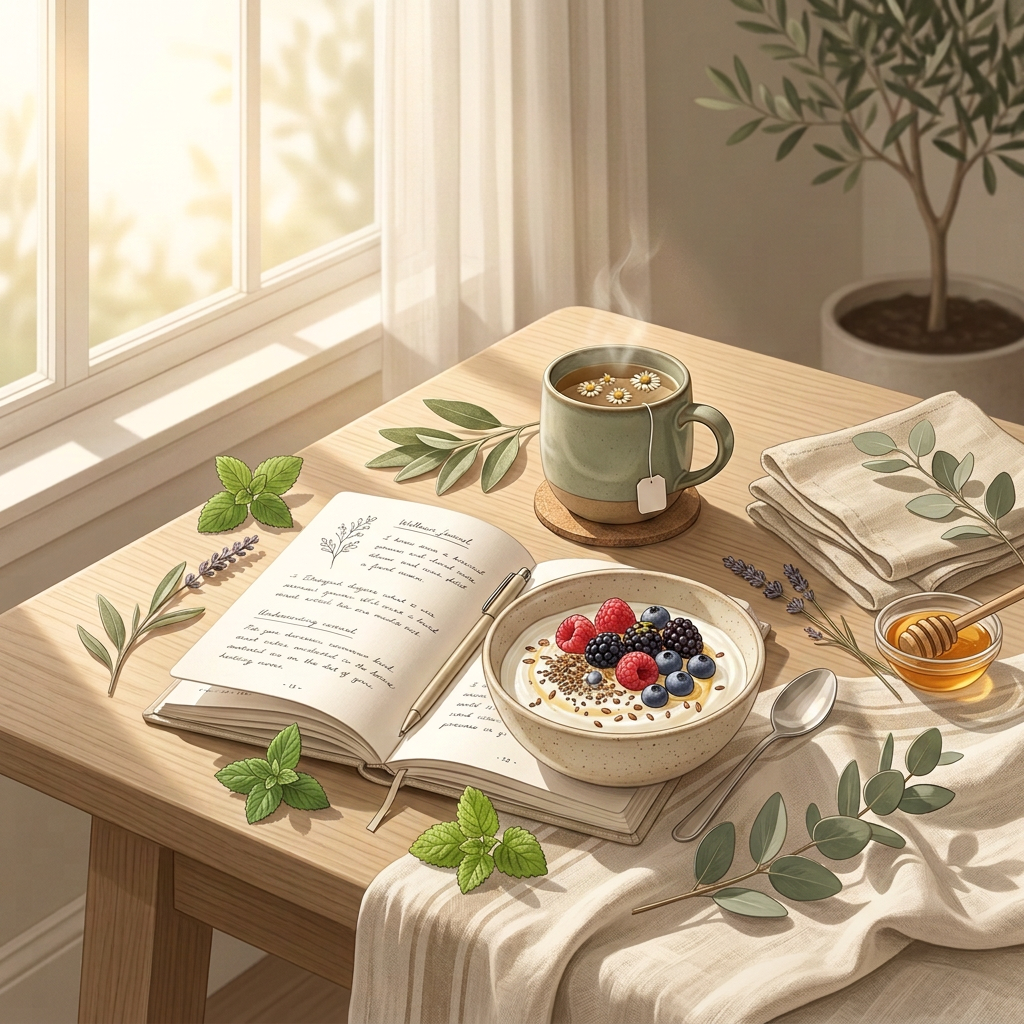 An elegant wellness lifestyle illustration of a healthy breakfast bowl, herbal tea, and an open journal on a wooden table, featuring soft sunlight, sage green accents, and a calm Scandinavian aesthetic.
