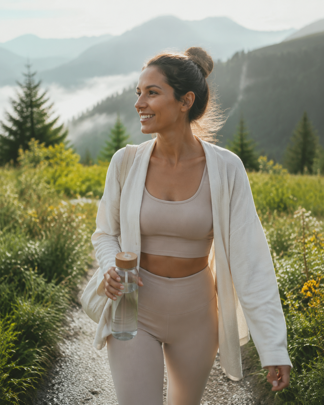 A woman in her early 30s walking through a lush mountain meadow, smiling and holding a reusable water bottle, with soft morning sunlight, greenery, and misty mountains in the background, representing a joyful wellness lifestyle and connection with nature.