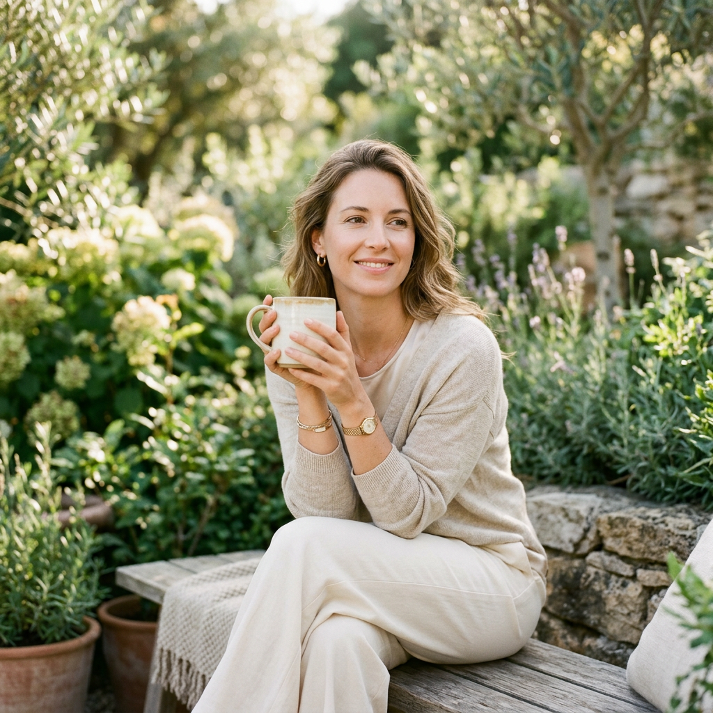 A realistic wellness lifestyle portrait of a woman with a calm, confident expression, enjoying a peaceful moment outdoors while holding a warm drink in a ceramic mug. The scene features soft, warm natural light and a luxury minimalist aesthetic.