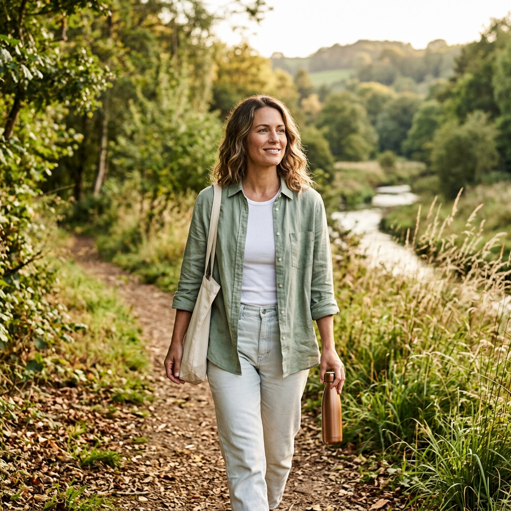 Editorial photography of a woman in her mid-30s walking through a serene natural landscape. She has a calm and confident expression, bathed in soft golden sunlight, capturing a sense of energy and balance within a premium feminine wellness aesthetic.