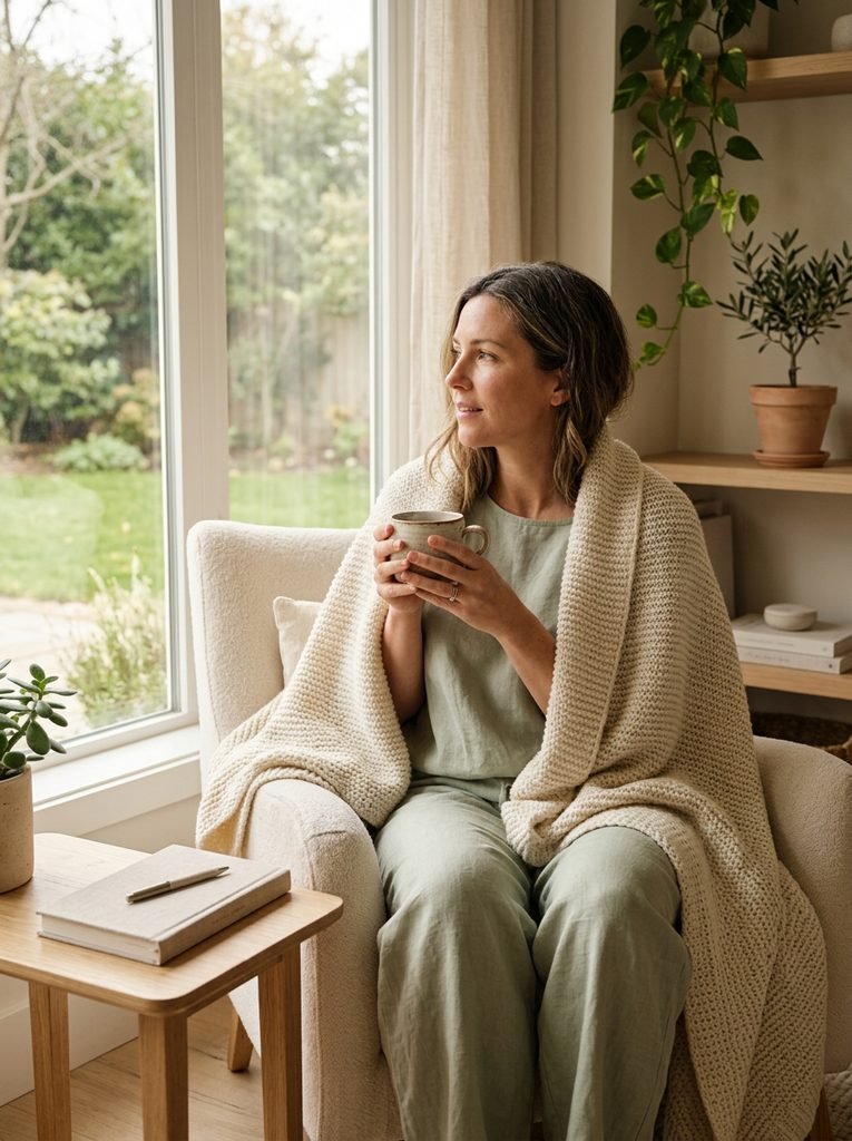 A realistic lifestyle photograph of a woman in her late 30s resting peacefully by a window, wrapped in a soft blanket with a cup of tea. The scene features warm morning sunlight and a gentle, refreshing atmosphere in a cozy home with cream and sage tones.