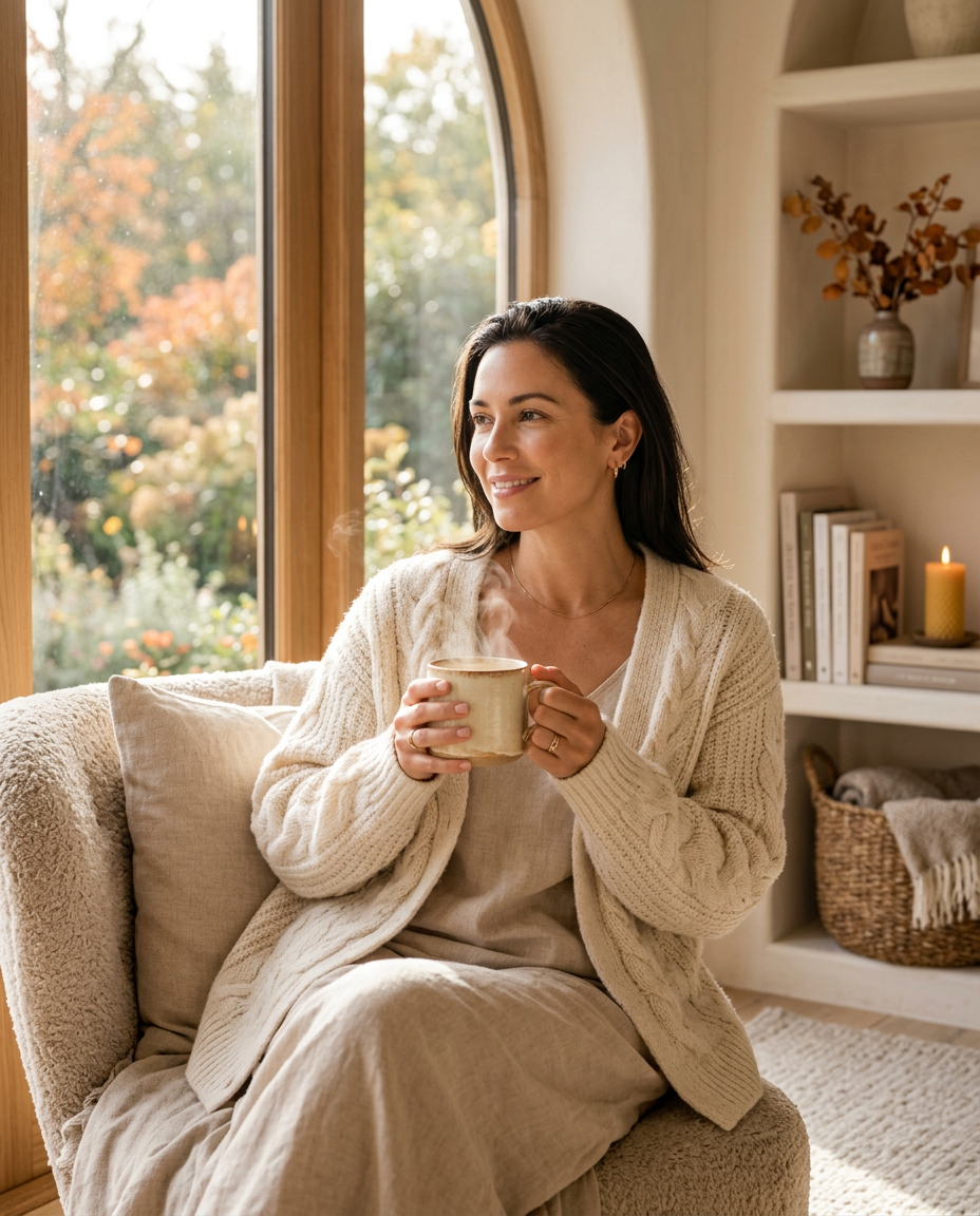 A serene woman in a soft knit cardigan enjoying a warm mug of herbal tea by a sunlit window. The high-end wellness scene features elegant neutral interiors in cream and caramel tones, capturing a peaceful autumn morning atmosphere.