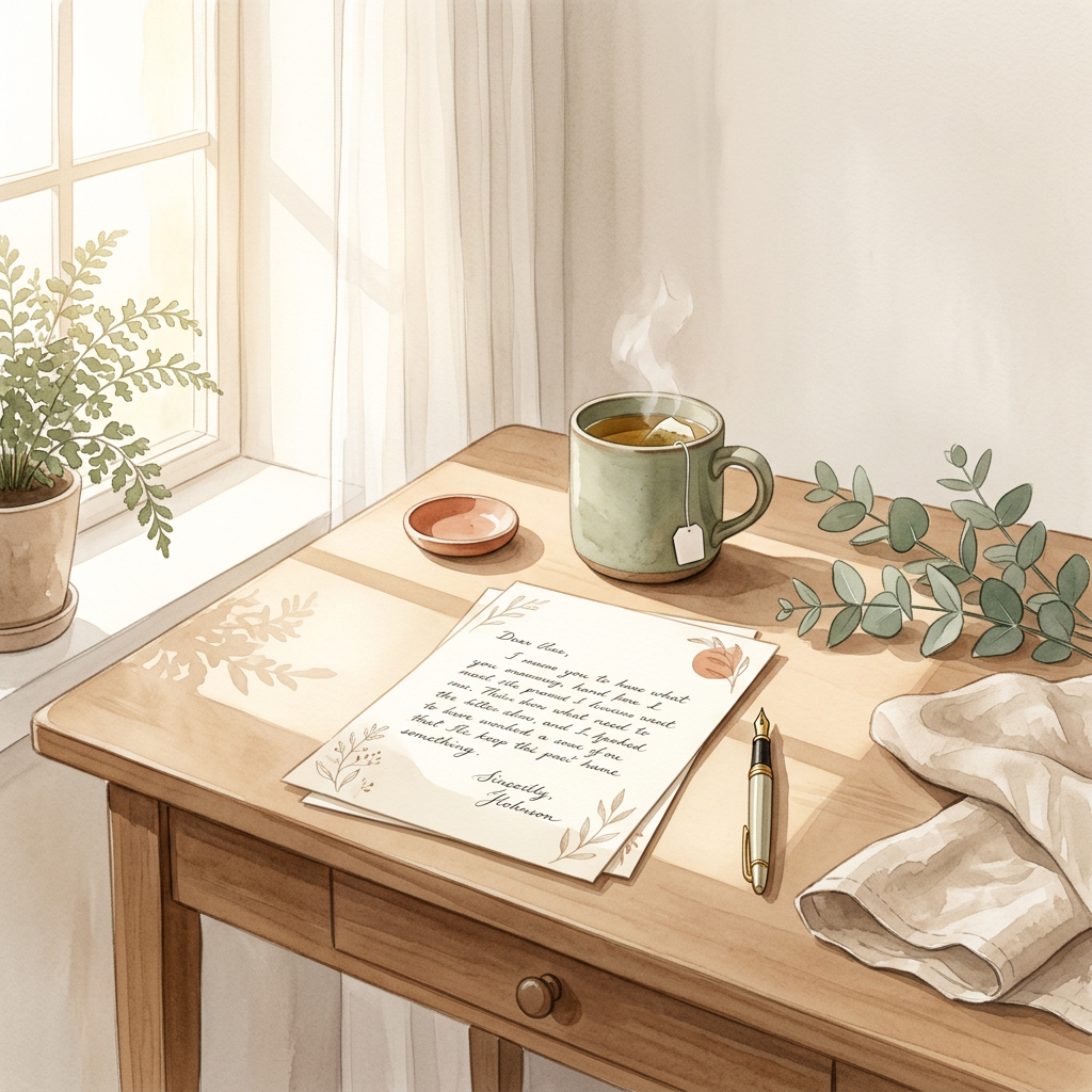A premium editorial watercolor illustration of an elegant wooden desk featuring a handwritten letter on botanical stationery, herbal tea, and eucalyptus leaves in a sunlit Scandinavian room with a beige, sage green, and terracotta palette.