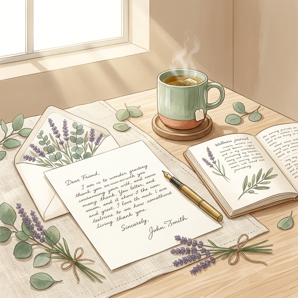 A premium editorial watercolor illustration of a handwritten thank-you letter and botanical envelope, accompanied by herbal tea, an open journal, and eucalyptus leaves in a warm, sunlit Scandinavian setting.