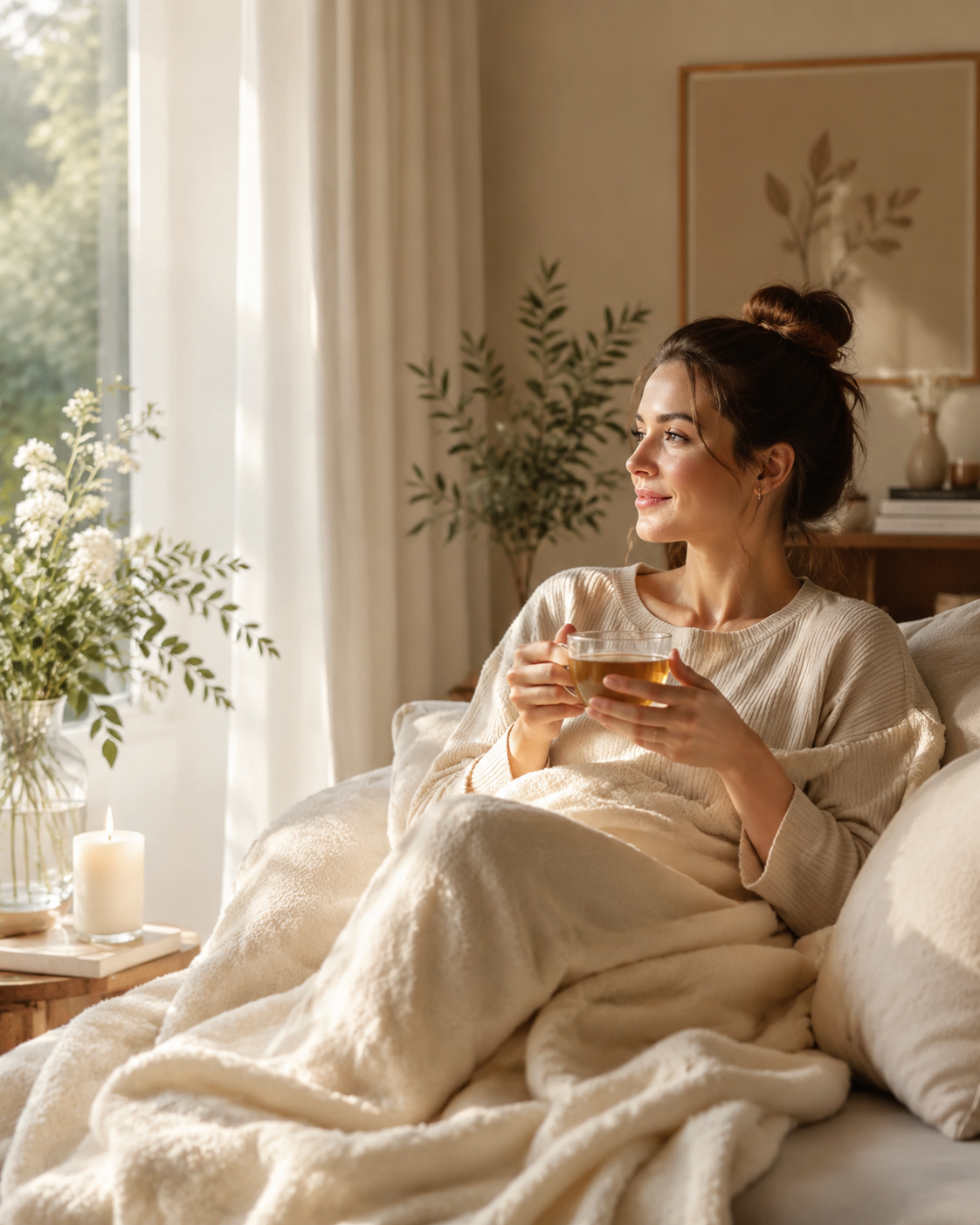 Woman enjoying a quiet moment of self-care at home with herbal tea, a cozy blanket, soft sunlight, and a calm minimalist interior.