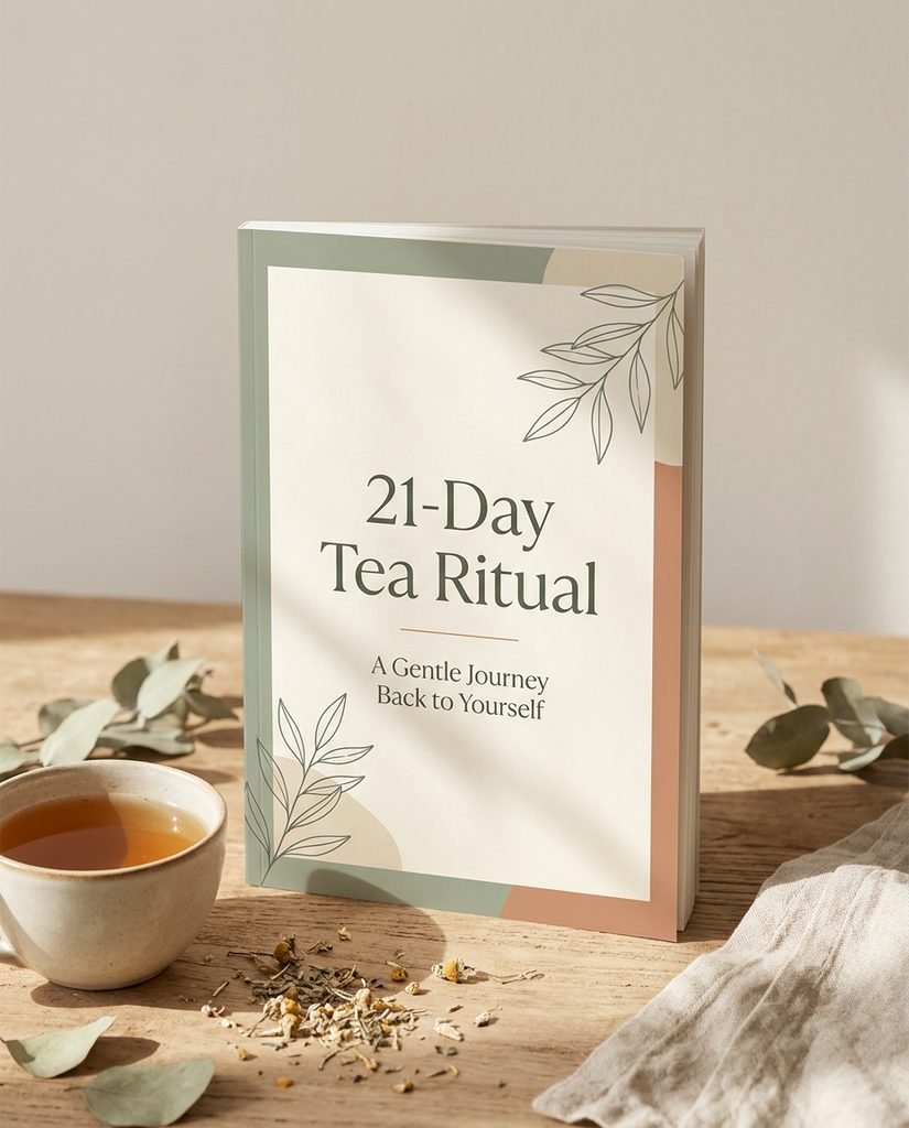  A premium editorial mockup of a women's wellness guide titled "21-Day Tea Ritual" standing on a warm natural surface next to a ceramic cup of herbal tea, dried botanicals, and a linen cloth in soft morning sunlight.