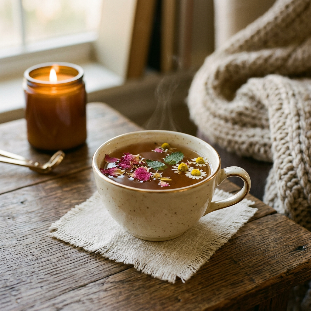 A close-up of a ceramic tea cup with floating rose petals and chamomile flowers, set against a warm, cozy background with a glowing candle and soft textures.