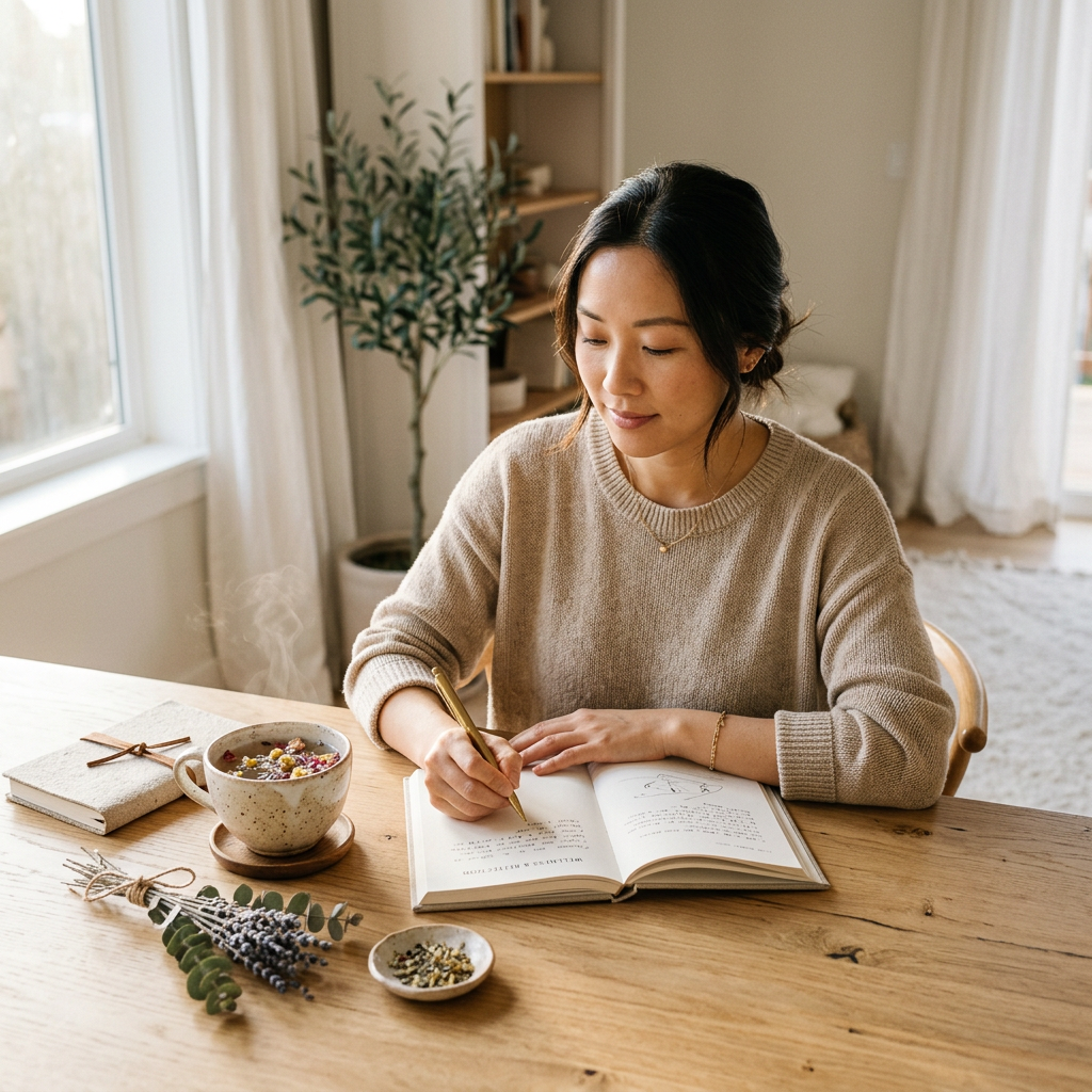 A sophisticated lifestyle photograph of an Asian woman in her early 30s sitting at a wooden table, mindfully writing in a wellness journal with a ceramic tea cup and botanical elements nearby in a minimalist, sunlit interior.