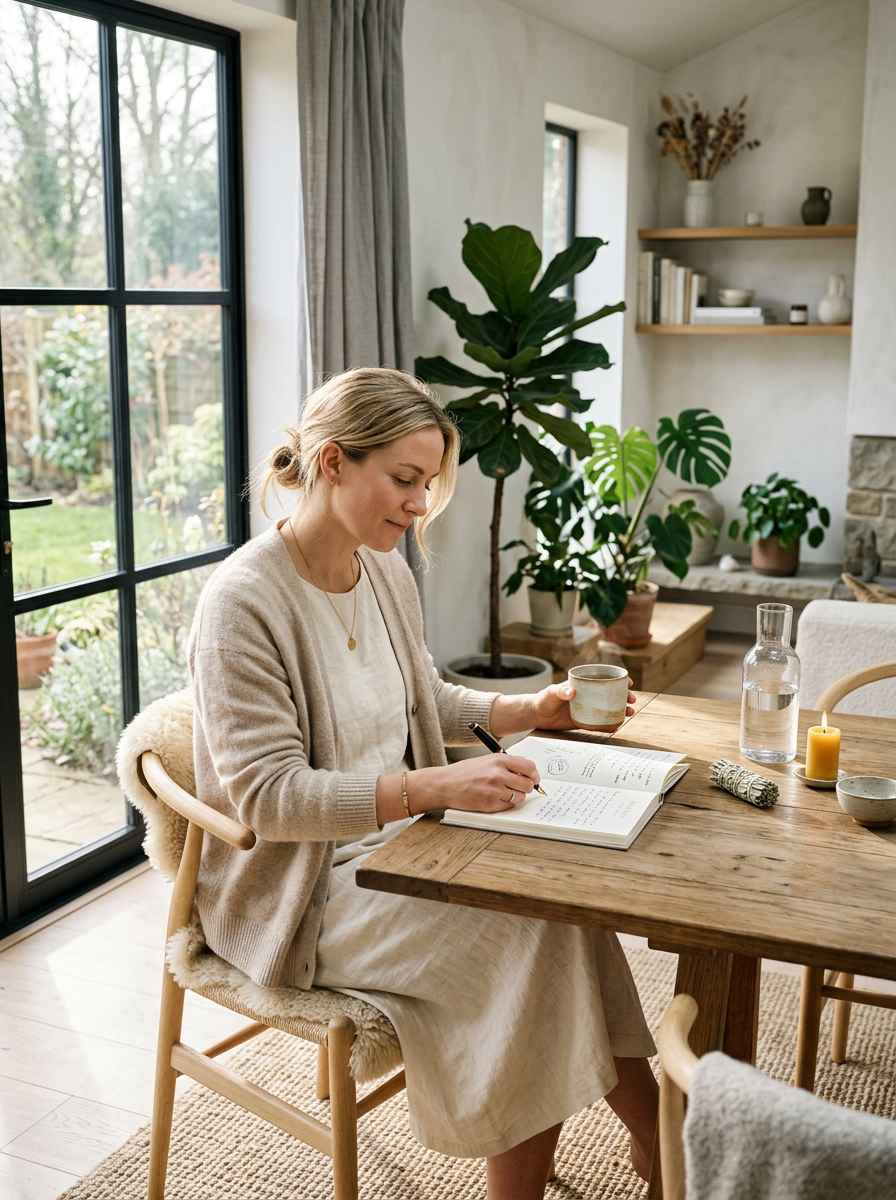 A serene woman in natural linen clothing sits in a sunlit, Scandinavian-style minimalist room, holding a cup of tea and writing in a journal. The scene features lush plants and a calming cream and sage green color palette.