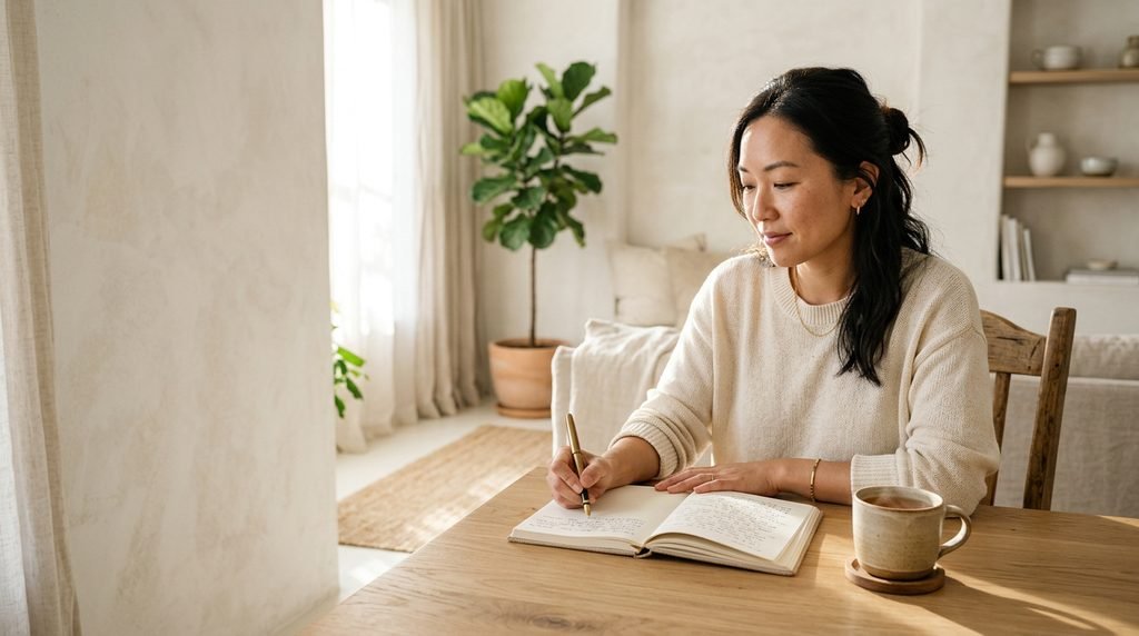 A serene editorial lifestyle photograph of an Asian woman in her 30s journaling at a wooden table in a sunlit, minimalist home. Beside her sits a warm ceramic tea cup amidst a calm setting of natural oak and soft linens, with the composition providing clean negative space on the left for website copy.