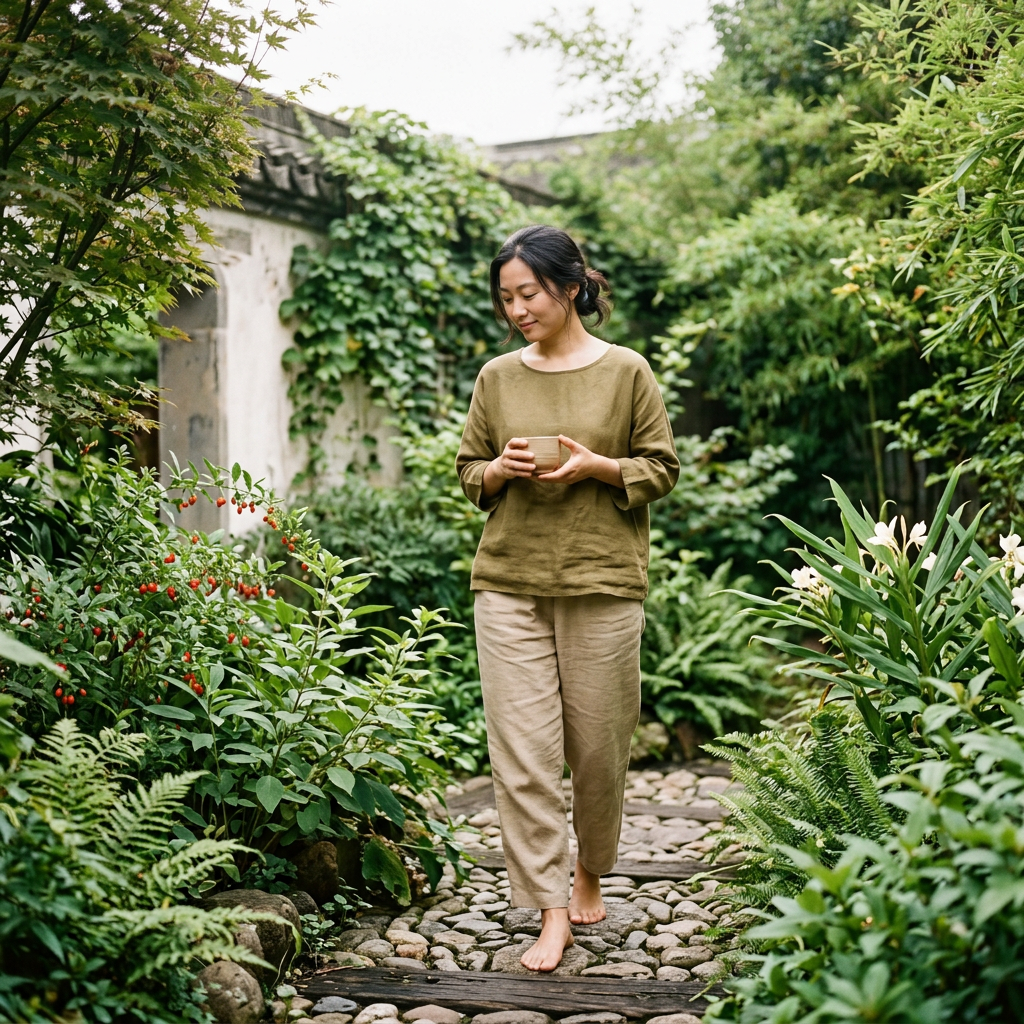 A realistic lifestyle photograph of a woman walking slowly through a peaceful garden, looking calm and grounded. She is holding a ceramic tea cup, surrounded by lush greenery and herbal plants in soft natural light with warm earthy tones.