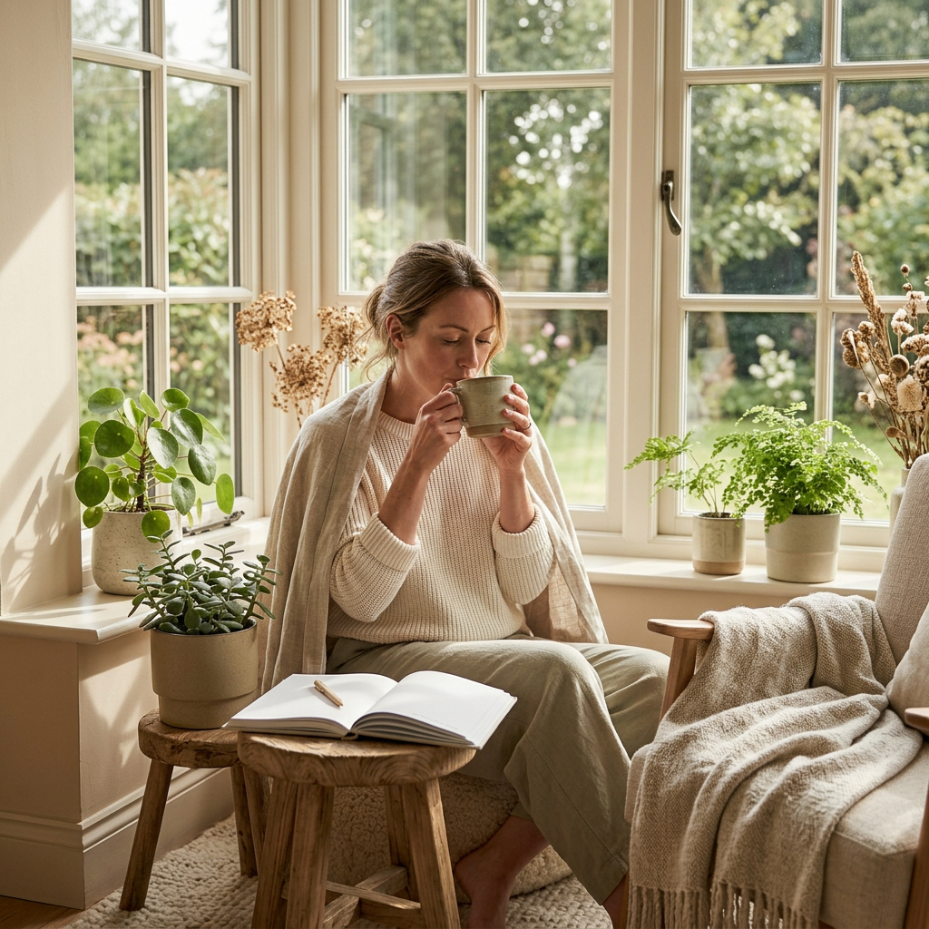 A premium lifestyle photograph of a woman enjoying a calm wellness moment at home, sitting near a window with herbal tea, a journal, and natural plants. The scene features a nurturing atmosphere with soft sunlight and elegant warm beige and sage green tones.
