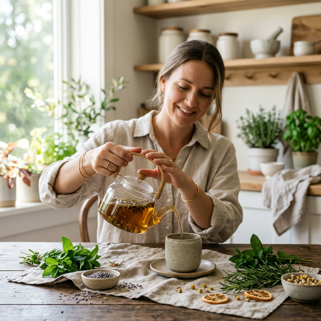 A peaceful editorial-style photograph of a woman's hands pouring herbal tea into a ceramic cup on a wooden table, featuring fresh herbs and soft morning sunlight in a bright natural kitchen.