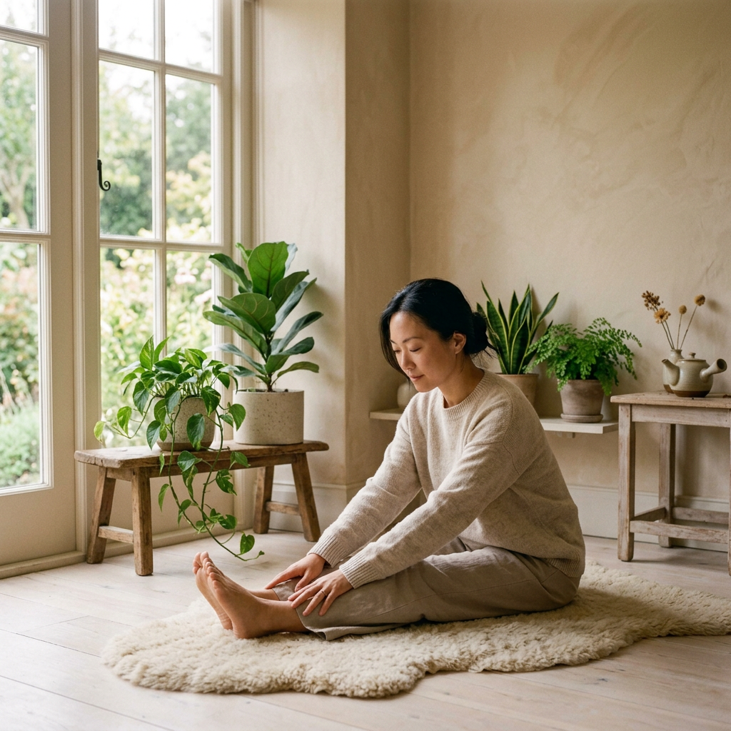  A realistic wellness lifestyle photograph of a woman in neutral linen clothing practicing gentle stretching in a bright, minimalist home. The peaceful scene is filled with plants and natural materials, captured in soft daylight to convey relaxation and balance.




