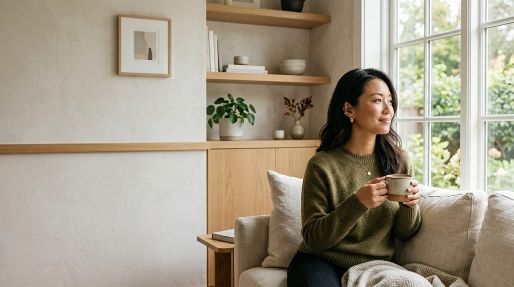 A serene high-end editorial lifestyle photograph of an Asian woman in her 30s sitting peacefully by a sunlit window, holding a ceramic cup of tea. The image features a minimalist Scandinavian-inspired interior with warm oak tones and soft linen, with the subject positioned on the right to provide generous negative space for website text.