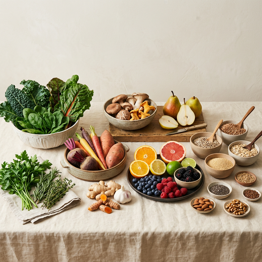  A sophisticated editorial flat lay of various natural foods—including citrus, greens, mushrooms, and grains—arranged in minimalist ceramic bowls on a cream linen background in soft daylight.