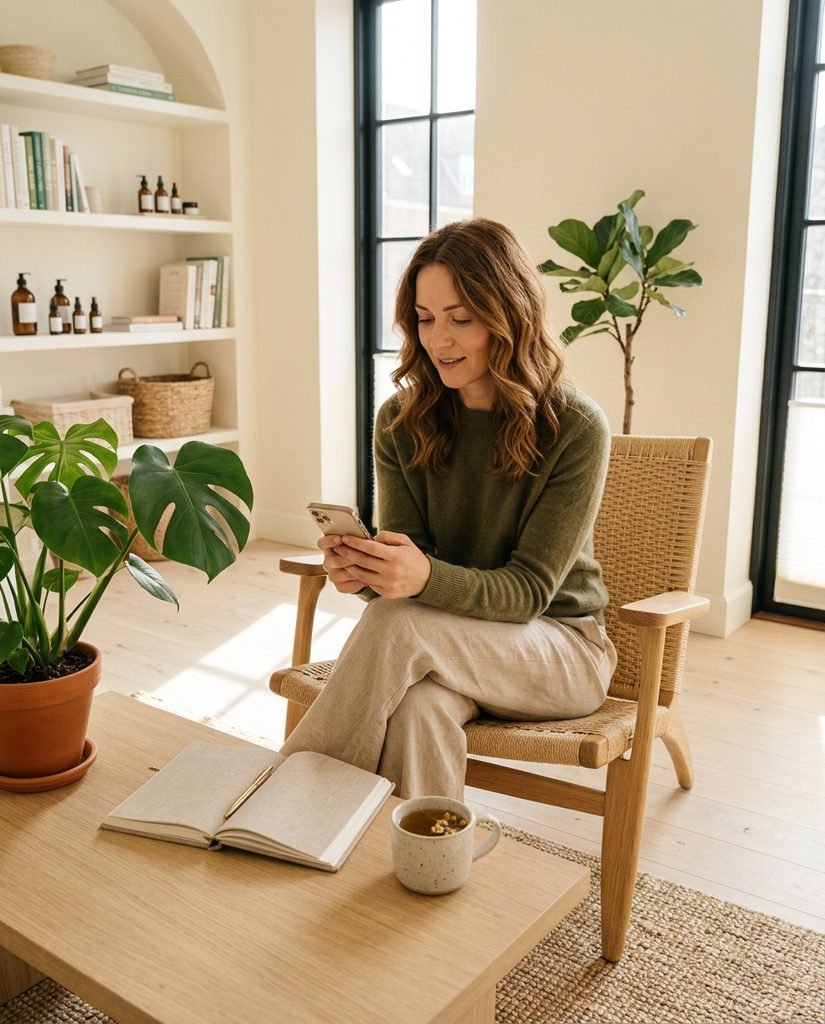 A feminine woman in a minimalist, sunlit home interior using a smartphone during a private wellness consultation, featuring herbal tea, a notebook, and natural plants against a warm ivory background in a premium editorial style.