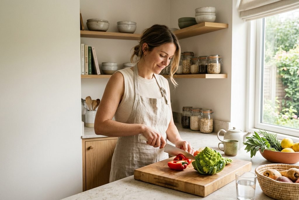 A premium editorial photograph of a woman preparing a nourishing meal in a sunlit, Scandinavian-style kitchen, featuring fresh vegetables, handcrafted ceramics, and a warm neutral palette with generous negative space for text.