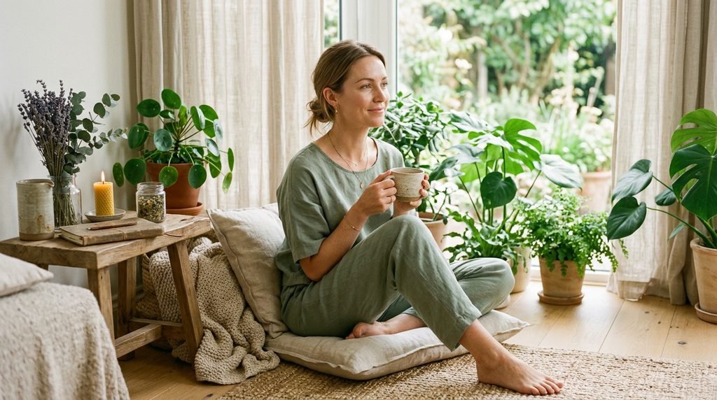 An elegant woman in soft linen clothing enjoying a mindful tea ritual in a sun-drenched, plant-filled home setting, embodying a calm and nurturing feminine wellness aesthetic.
