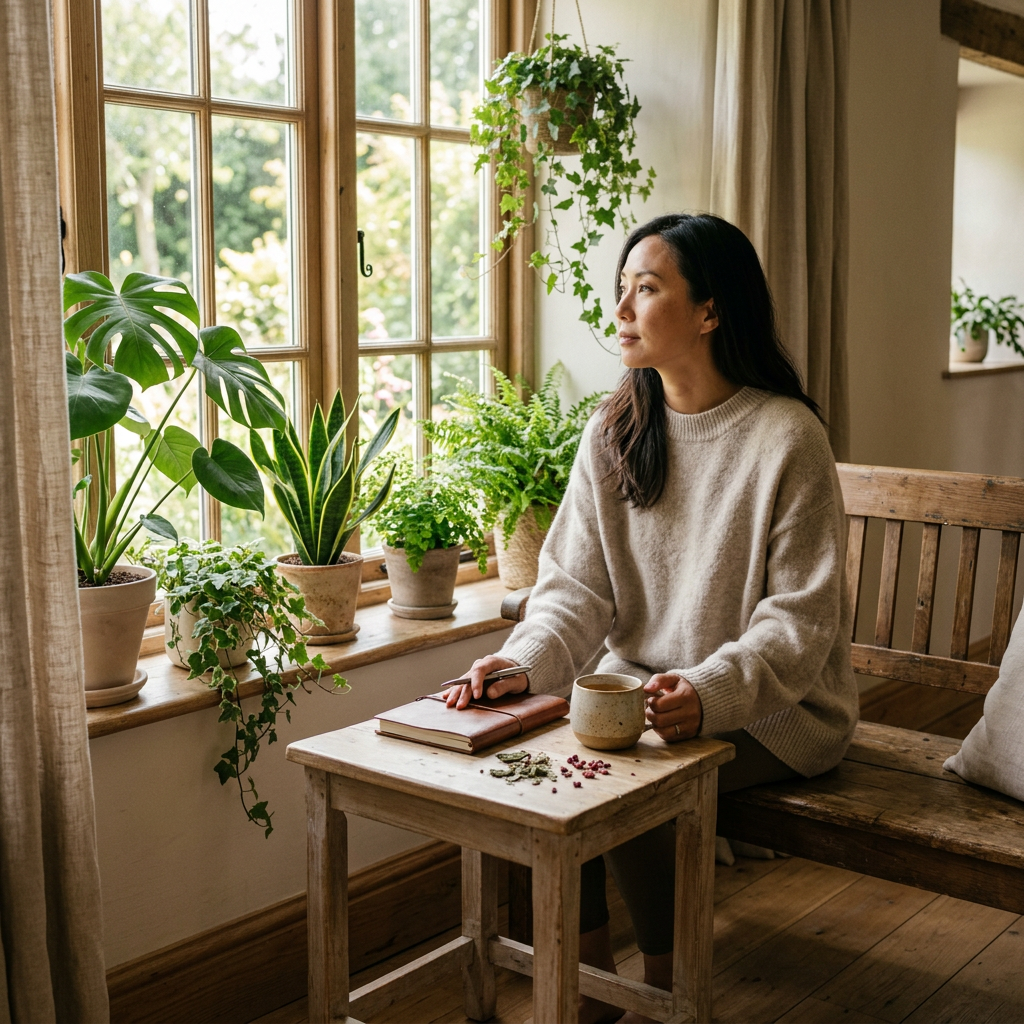 A realistic lifestyle photograph of a woman sitting quietly by a window with a journal and herbal tea. She looks thoughtful and calm, surrounded by lush plants and natural wood textures in soft morning sunlight, representing mindfulness and balance.