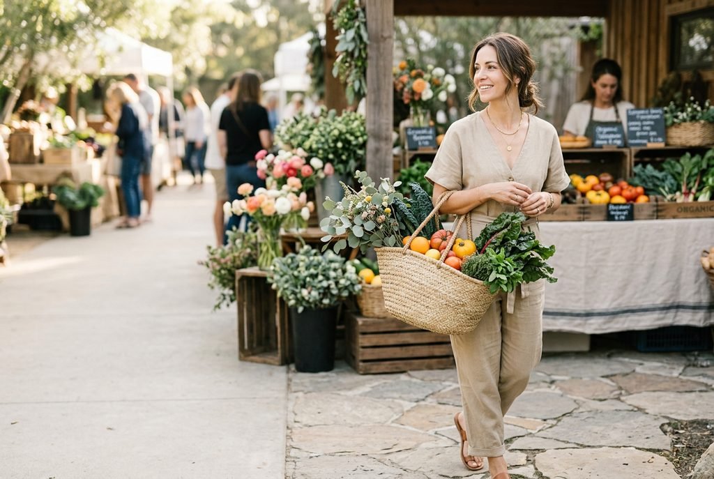 A sophisticated editorial lifestyle photograph of a smiling woman holding a woven basket of fresh seasonal produce at a sunlit outdoor farmers' market, featuring a soft neutral palette of sage and beige with generous negative space for text.