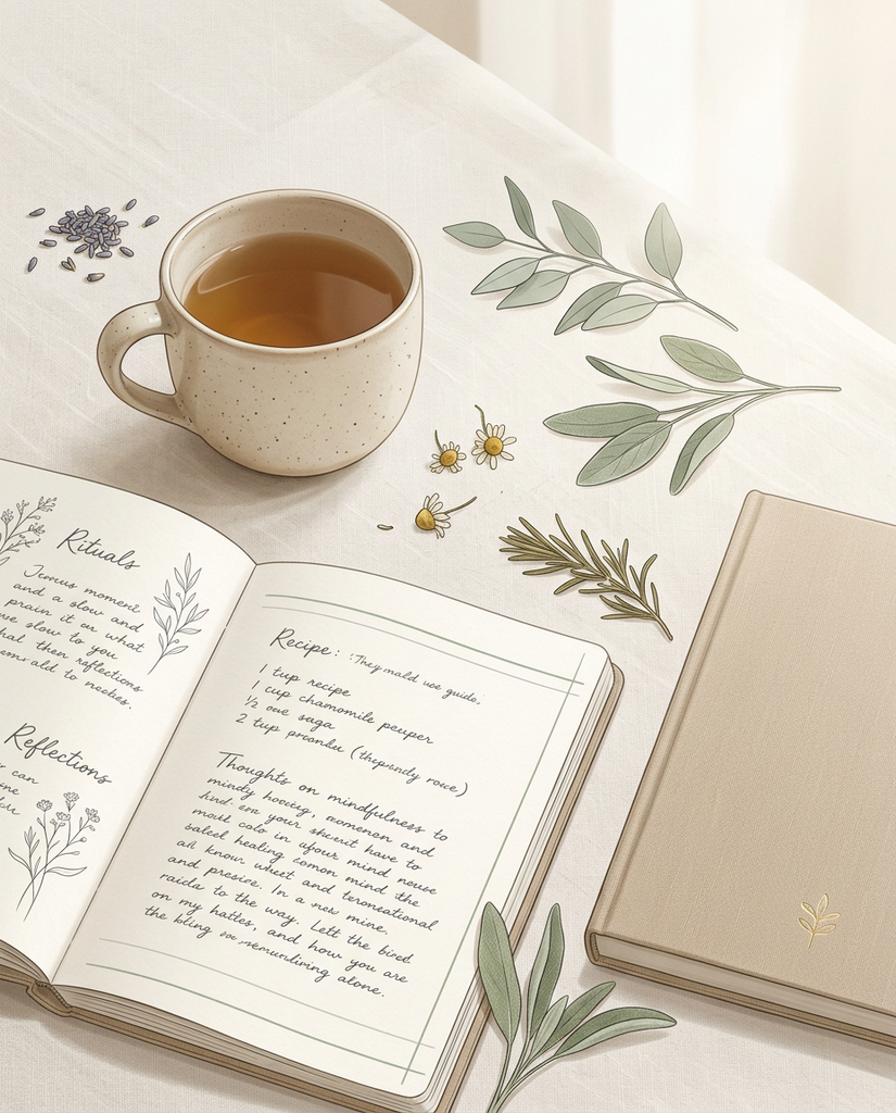 A minimal editorial illustration of a ceramic tea cup next to an open journal with handwritten notes, decorated with botanical leaves and dried herbs in a palette of warm beige and sage green.
