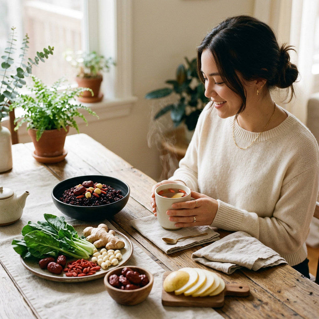 A beautiful, high-end still life of seasonal wellness ingredients including goji berries, red dates, lotus seeds, and fresh greens arranged on a rustic wooden table in warm sunlight.