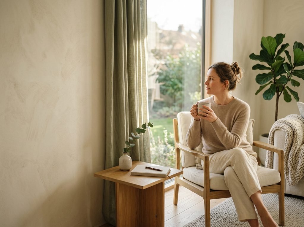 A peaceful editorial portrait of a woman sitting by a sunlit window in a minimalist Scandinavian-style room, holding a ceramic cup and reflecting quietly. The scene features warm natural light, soft linen textures, and sage green accents, embodying mindfulness and holistic wellness.