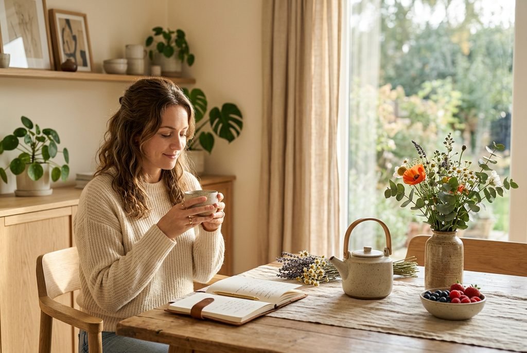 A premium editorial photograph of a serene woman holding a handcrafted ceramic cup during a peaceful morning tea ritual by a sunlit window, featuring a minimalist Scandinavian interior and generous negative space for text.