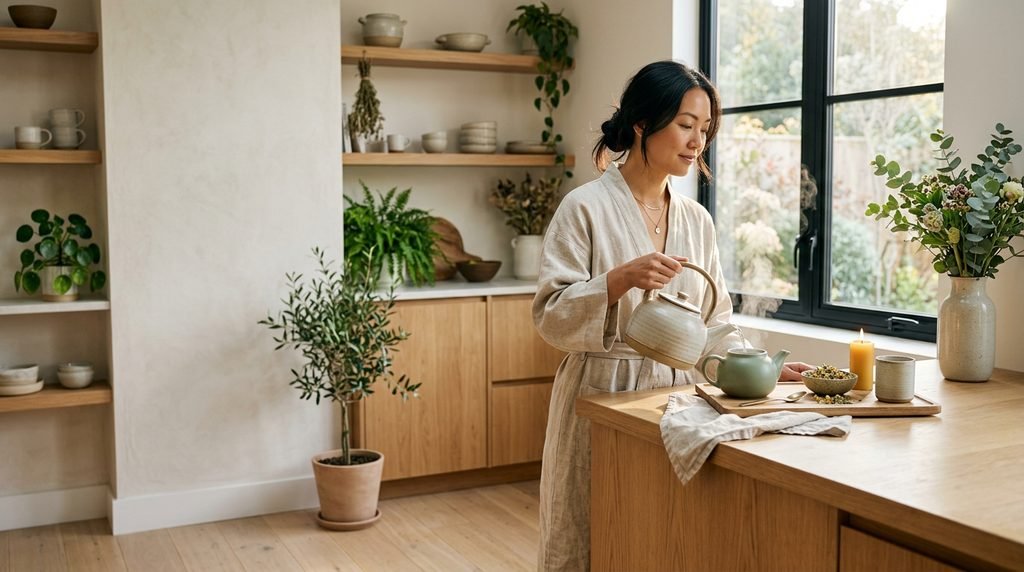 A sophisticated editorial photograph of a woman mindfully preparing herbal tea in a bright, sun-drenched minimalist kitchen. The scene features natural oak cabinetry, lush green plants, and soft morning light, with the subject positioned on the right to allow for website headline text on the left.