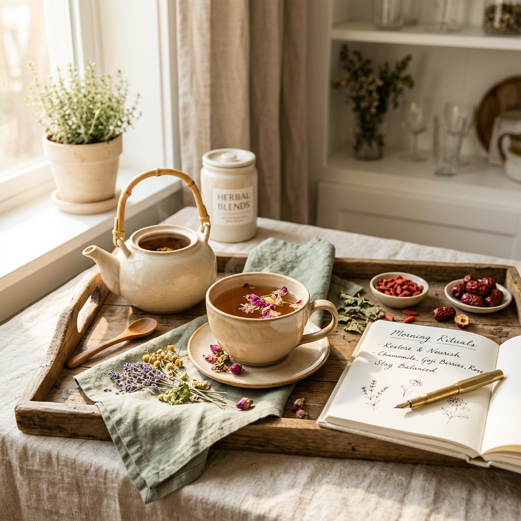 A high-end editorial photograph for a women's herbal wellness brand. A ceramic teacup sits on a wooden tray alongside dried botanical ingredients and an open wellness journal with handwritten notes. The scene is set in a sun-drenched kitchen with soft linen textures and a calming color palette of sage green and warm beige.