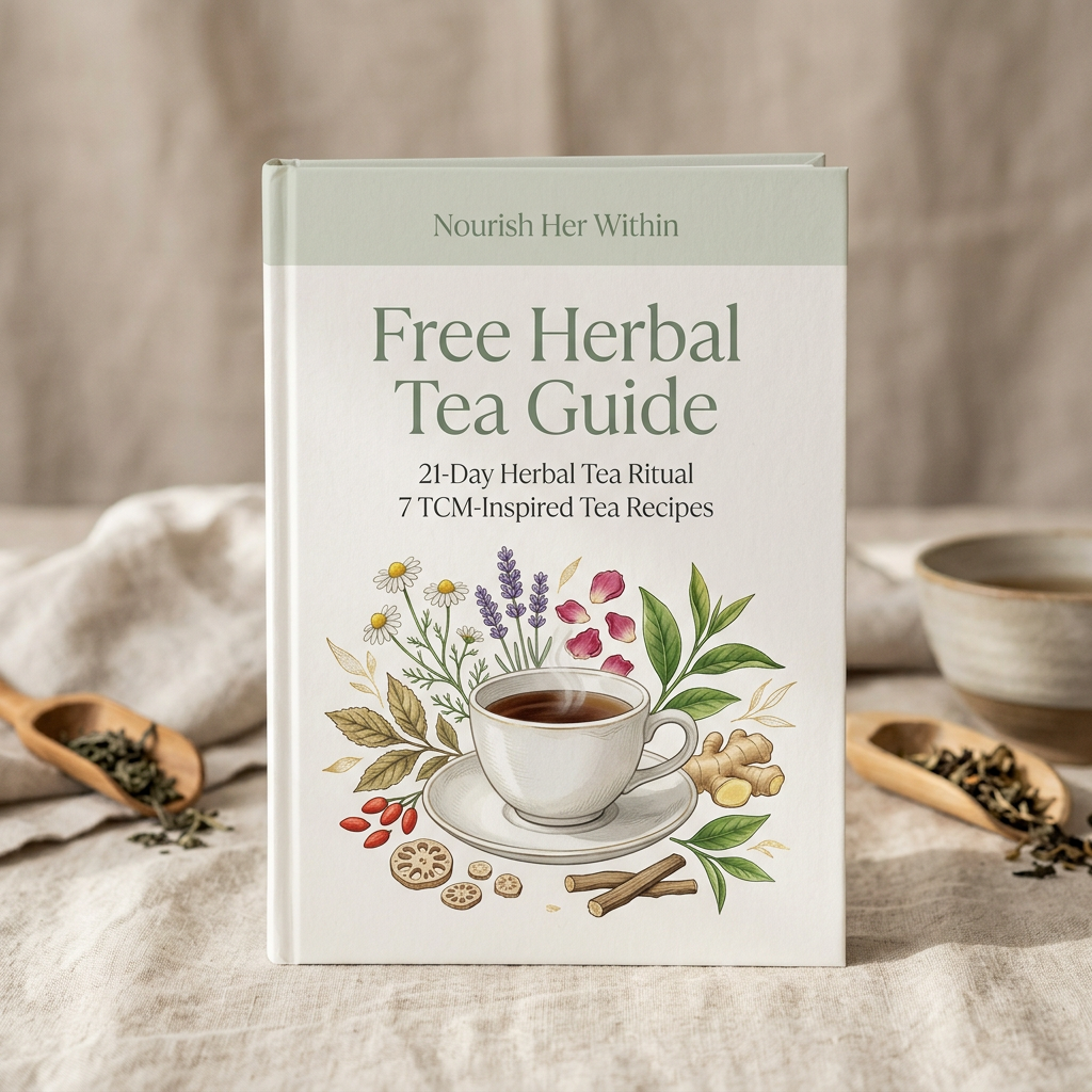 A premium 3D ebook mockup for a women's herbal tea guide titled "21-Day Herbal Tea Ritual" by "Nourish Her Within." The cover features minimalist typography and delicate botanical illustrations of herbs and a ceramic tea cup. The book stands upright at an angle against a soft beige background with a calm, sage green and neutral color palette.