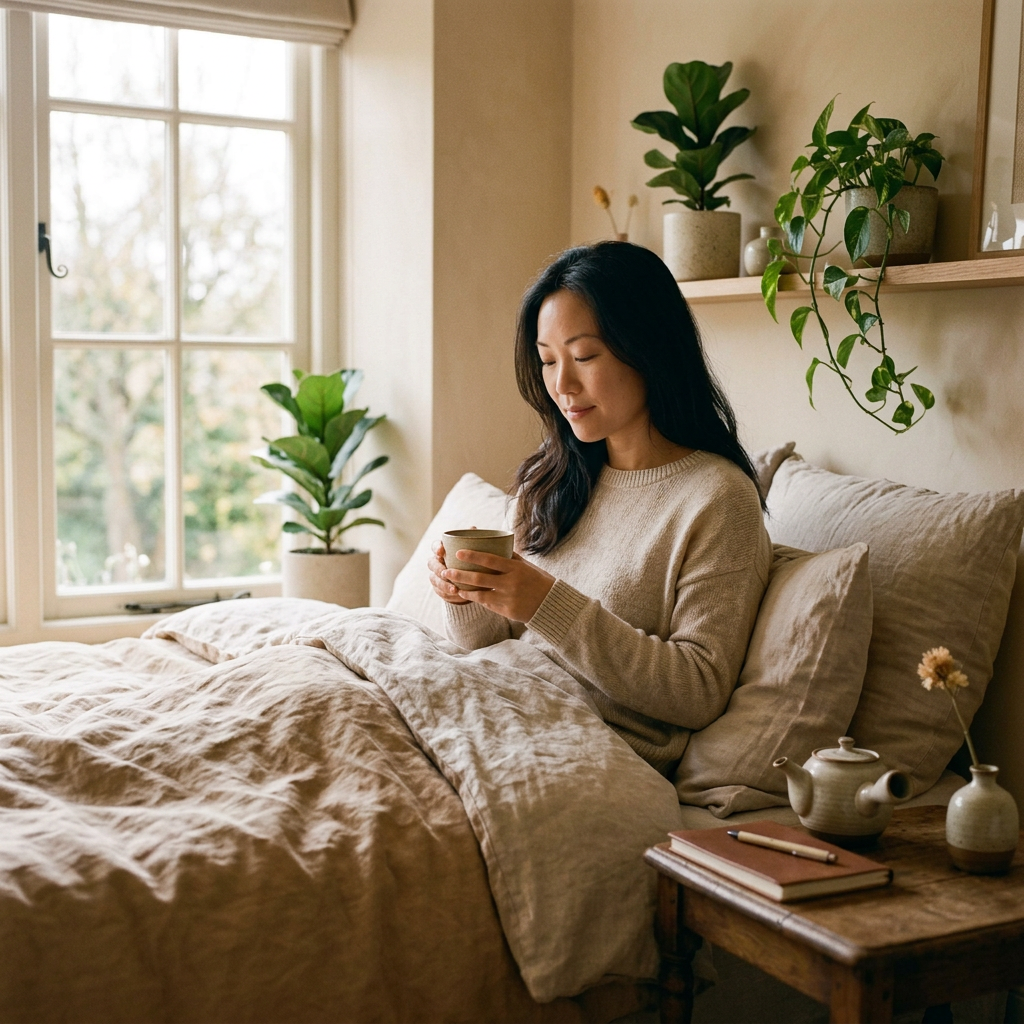 A realistic lifestyle photograph of a woman in her 30s resting peacefully in a cozy bedroom during early morning. She is sitting near soft linen bedding with a warm cup of herbal tea on a bedside table, captured in a calm and restorative atmosphere with soft natural sunlight and warm beige tones.