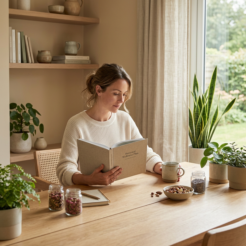 A premium lifestyle photograph of a woman reviewing her personalized wellness plan at home. She is sitting at a wooden table with a wellness journal, herbal tea, and natural plants in a calm, cozy interior with soft morning sunlight and an elegant wellness brand aesthetic.