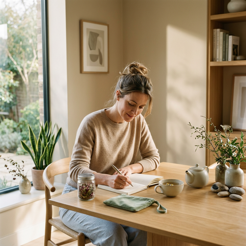 A premium lifestyle photograph of a woman sitting at a beautiful wooden table with a wellness journal, herbal tea, and natural plants. Soft morning sunlight illuminates the scene, which represents self-discovery and healthy daily habits in an elegant, minimalist wellness brand aesthetic.