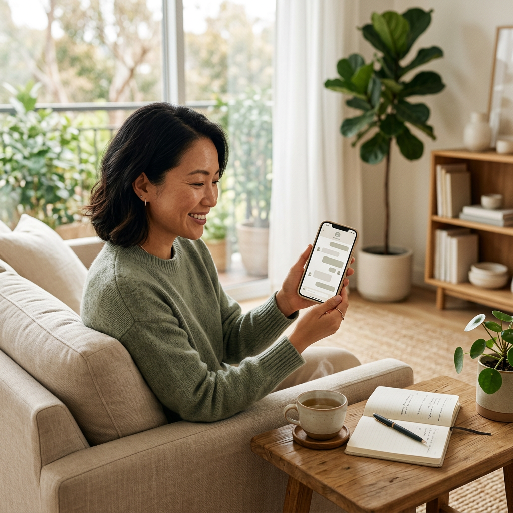 An elegant Asian woman in her early 30s sitting on a beige sofa in a bright, minimalist living room, smiling while looking at a smartphone screen showing a messaging interface. A cup of herbal tea and a wellness journal sit on a wooden side table nearby, surrounded by soft natural light and indoor plants.