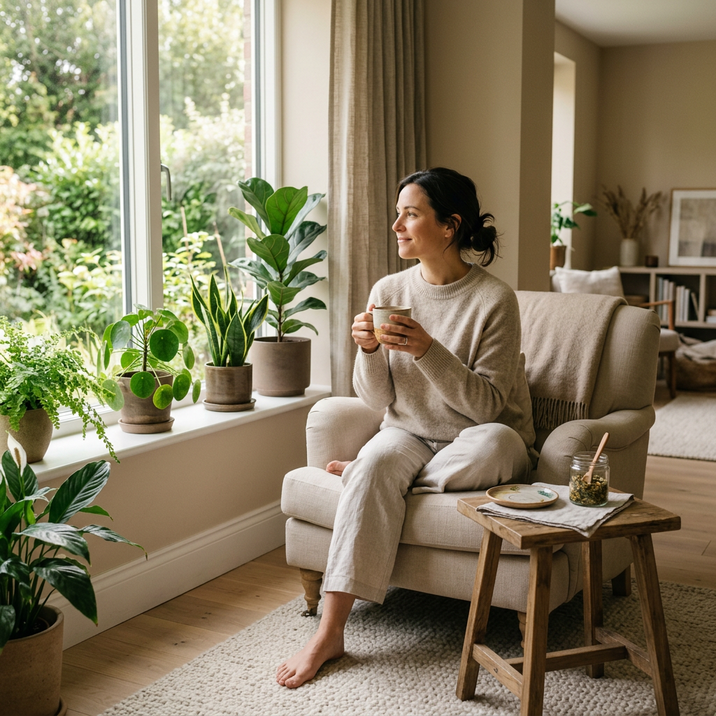 A realistic lifestyle photograph of a calm woman in her 30s enjoying a wellness moment at home. She is sitting near a sunlit window holding a warm herbal tea cup, surrounded by lush plants and natural textures in a minimalist, luxury wellness brand aesthetic.
