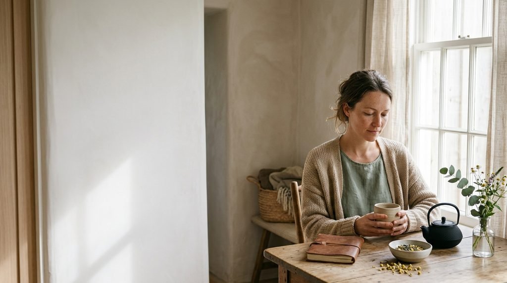  A calm, high-end wellness scene showing a woman sitting by a window with morning light, designed for a website landing page header.