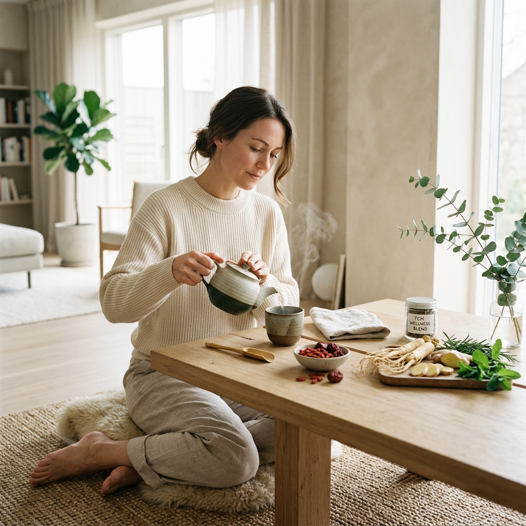 A premium wellness illustration blending Traditional Chinese Medicine and Scandinavian aesthetics, featuring a modern woman in a serene tea ritual with herbal ingredients like ginseng and goji berries on a cream background with deep green accents.