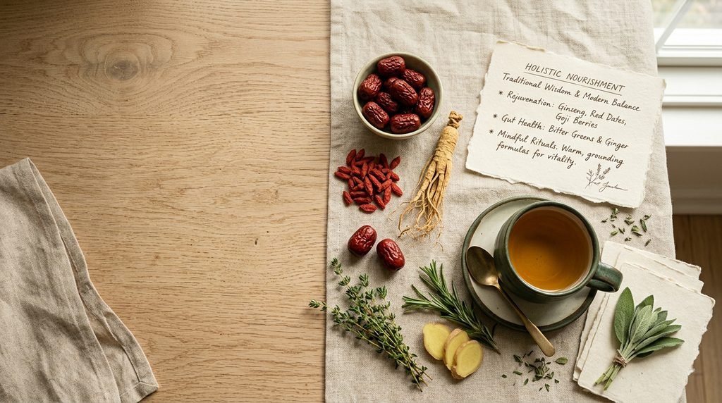 An elegant editorial flat-lay of traditional Chinese wellness ingredients including red dates and herbs, alongside fresh vegetables, a ceramic tea cup, and handwritten notes. The arrangement is set on a light oak surface with soft morning sunlight and negative space on the left for website text.