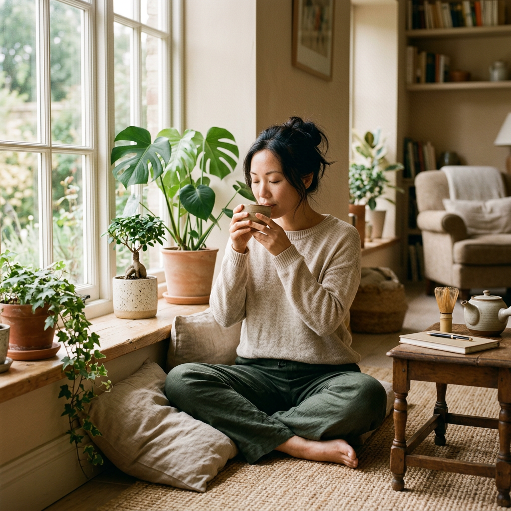  A premium lifestyle photograph of a woman in her 30s sitting near a bright window with natural sunlight, holding a warm ceramic tea cup during a wellness ritual. The scene features elegant plants, natural textures, and a calming neutral color palette of warm beige and soft green.