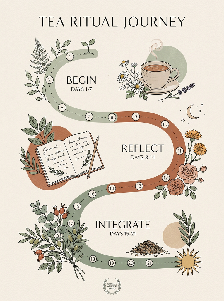  A vertical wellness illustration showing a three-stage 21-day journey labeled Begin, Reflect, and Integrate, surrounded by botanical line art and a ceramic tea cup on a beige background.