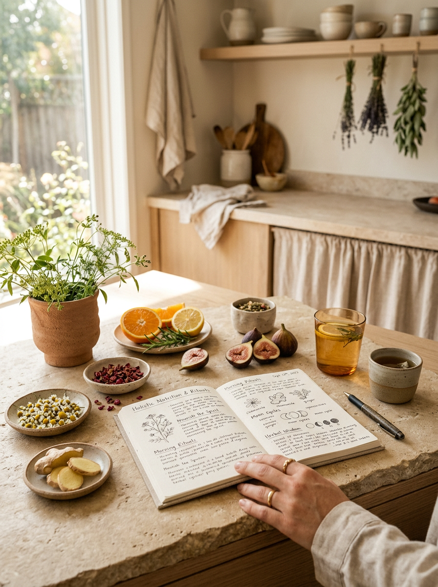 "Sunlit wellness workspace featuring an open nutrition journal, dried herbal tea botanicals, and handcrafted ceramic bowls on a warm neutral table."