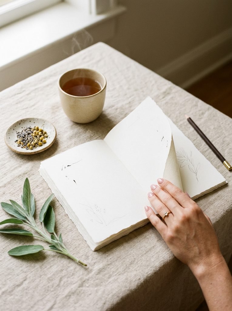 Woman's hand gently turning the clean, minimalist page of a wellness booklet on a linen table beside herbal tea and botanicals in soft morning light.