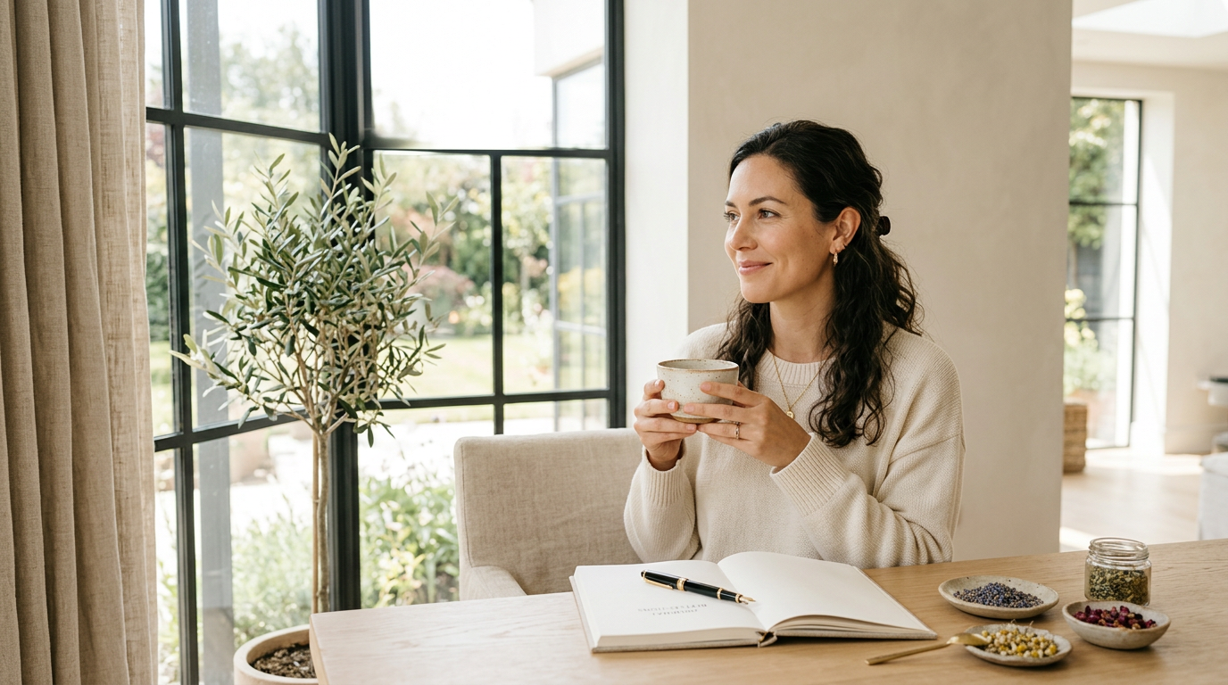 A peaceful woman in her 30s holding a ceramic teacup by a sunlit window, sitting at a wooden table with a wellness journal and natural herbal ingredients, embodying a calm holistic self-care routine.