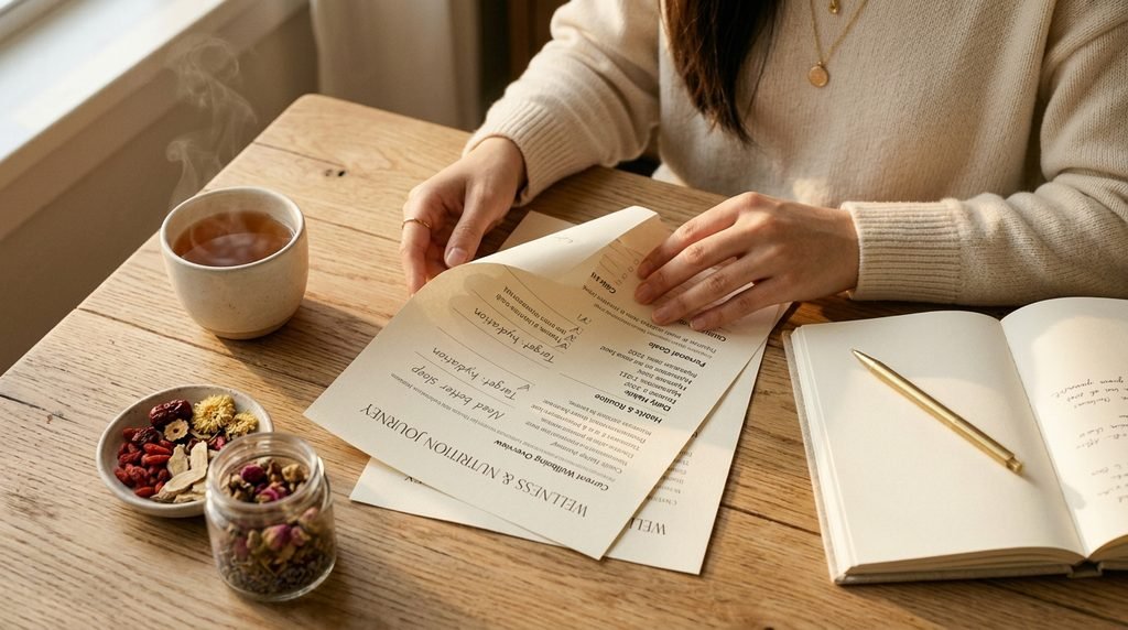 "A woman's hands reviewing a personalized wellness intake form and handwritten notes on a sunlit wooden desk with herbal tea and dried botanicals."